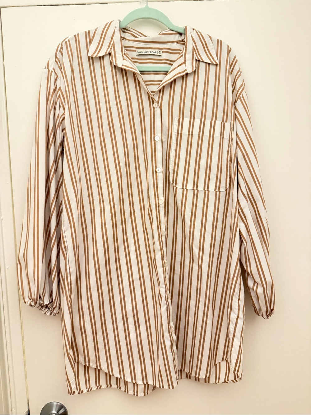 Abercrombie & Fitch Cream and Brown Striped Button-Down Dress